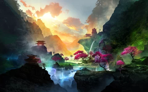 山谷瀑布寺庙树组成仙境般的风景唯美绘画壁纸