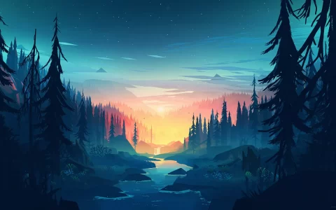 唯美夜空群山之中森林湖泊静寂唯美风景桌面壁纸
