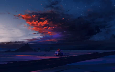 火烧云下的夜空小巴士停在路边浪漫旅行壁纸