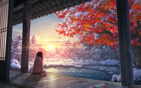 围着围巾的女孩坐在外廊唯美冬天风景壁纸