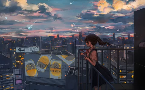 傍晚阳台上的女孩子流星掉流都市夜景动漫壁纸