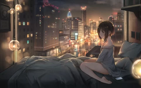 夜幕降临都市女孩子晚上起床动漫风景二次元壁纸