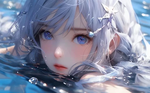 水中的动漫女孩银色长发蓝色大眼睛AI绘画壁纸