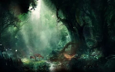 森林秘境之林间的两只梅花鹿唯美意境大自然壁纸