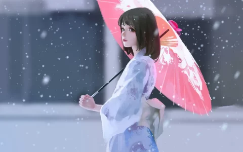 下雪天撑伞的短发女孩身穿和服粉嫩风格动漫壁纸