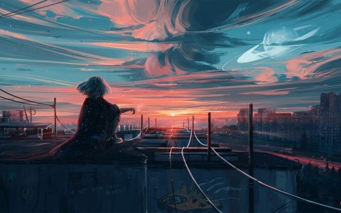 日落时分坐在屋顶的动漫少女孤单背影桌面壁纸