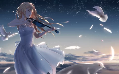 静谧星空下的长发少女手拉小提琴唯美动漫壁纸