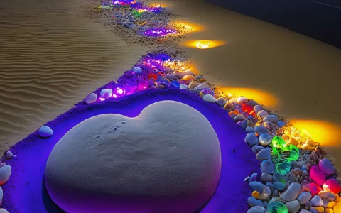 海边沙滩发光的彩色石头组成爱心心形手机壁纸