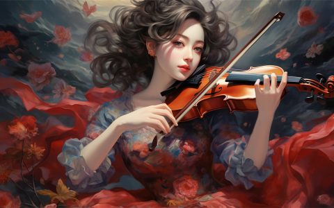 花瓣飞舞 高颜值小姐姐拉着小提琴唯美壁纸